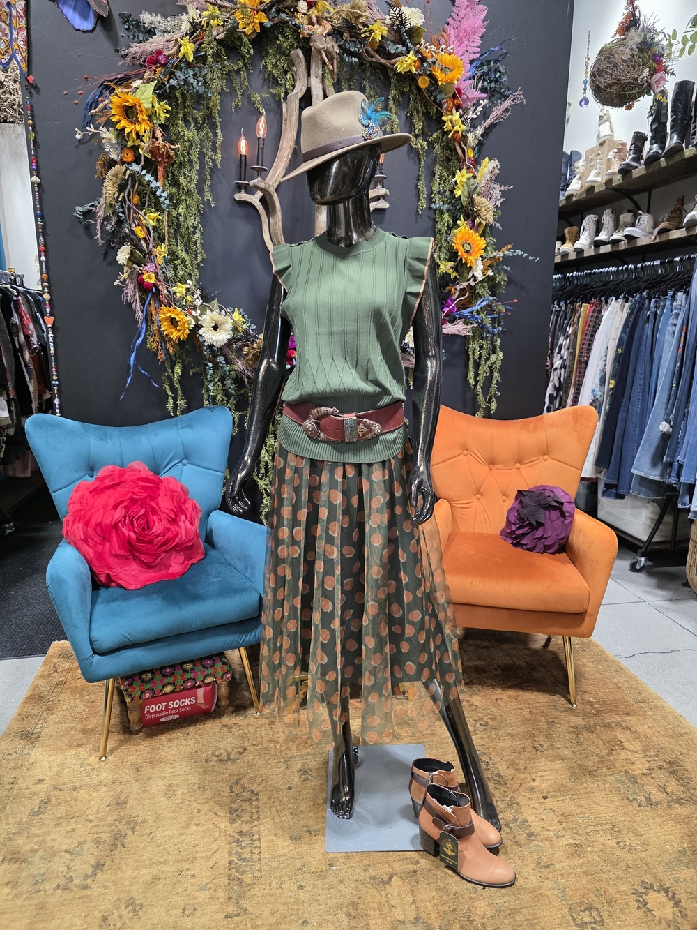 Metro Wear Olive Green Brown Polka Dot Maxi Skirt